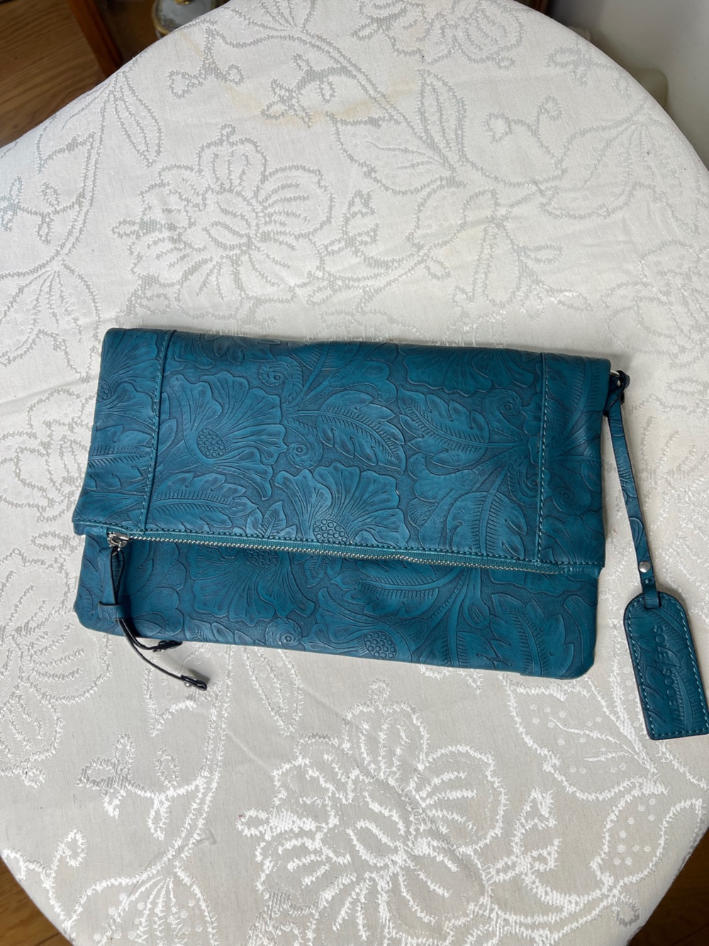 Sole Society Teal Embossed Floral Foldover Clutch